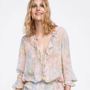 ZARA Floral Long Sleeve Ruffle Blouse